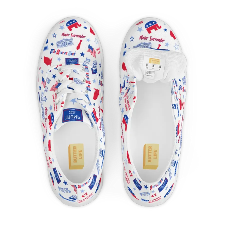 Trump 2024 Republican Patriot Make America Great Again White Pattern Low Top Canvas Shoes for women product image (7)