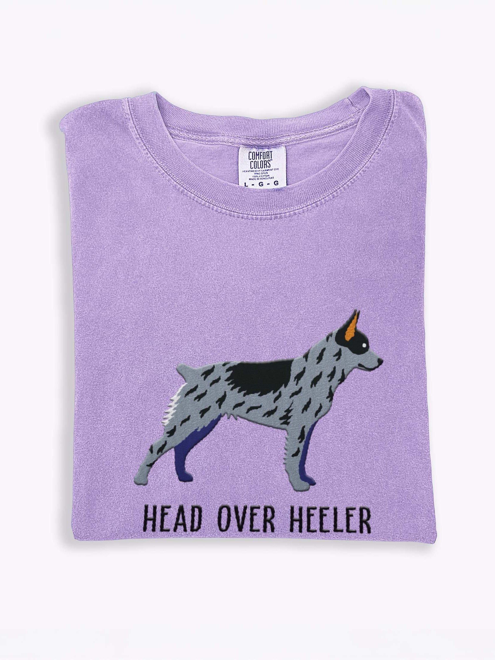 Head Over Heeler T-Shirt(Embroidered) of an Australian Cattle Dog(Blue Heeler, Docked Tail) product image (1)