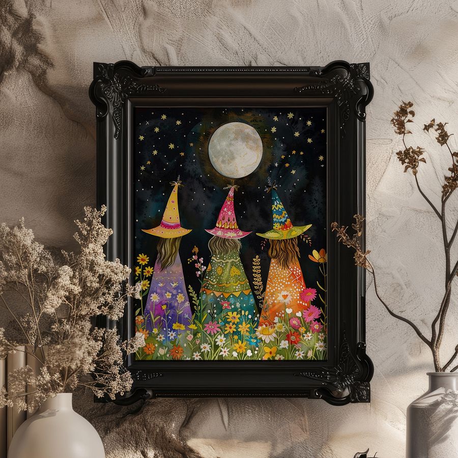 Whimsical Witches Under The Fullmoon Colorful Art Print product image (26)
