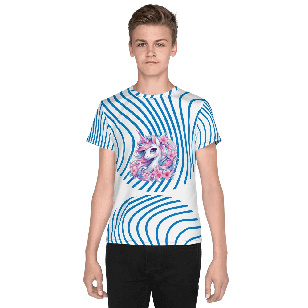 KIDS- GIRL TEE -Blue Groovy line with Unicorn design- All-Over Print Youth Crew Neck T-Shirt product image (1)