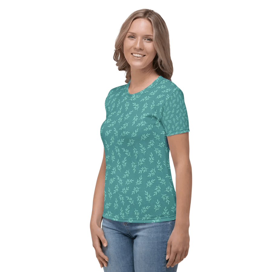 Ladies T shirt all over print teal color  leafy design  giving a fresh healthy feel. product image (3)