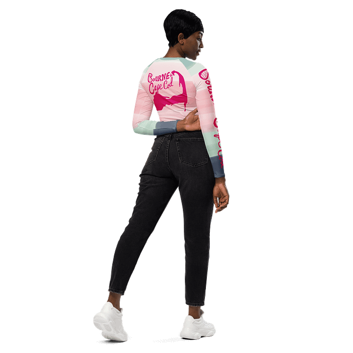 BOURNE to Cape Cod™ Crop Top | BRN.2C.C.™ Coastal Bold | Recycled Long Sleeve Statement Wear 🌊💃☀️ | Vibrant Pink Logos on Horizon Stripes product image (1)