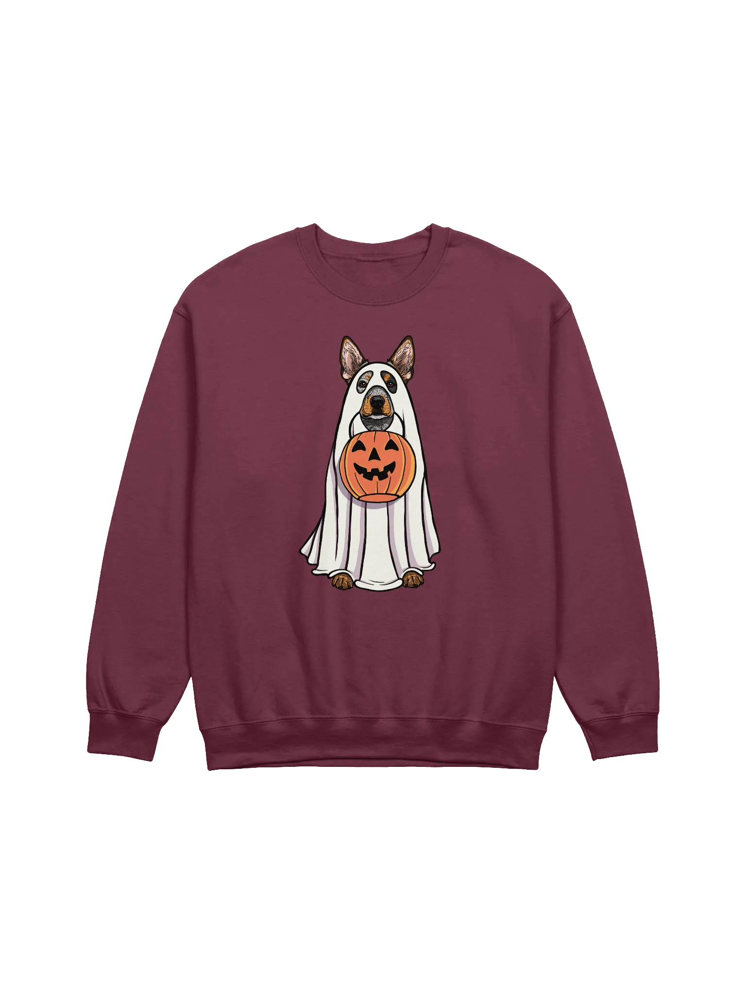 Funny Halloween Australian Cattle Dog(3) Sweatshirt | Funny Blue Heeler Wearing a Ghost Costume and Holding a Pumpkin Basket product image (1)