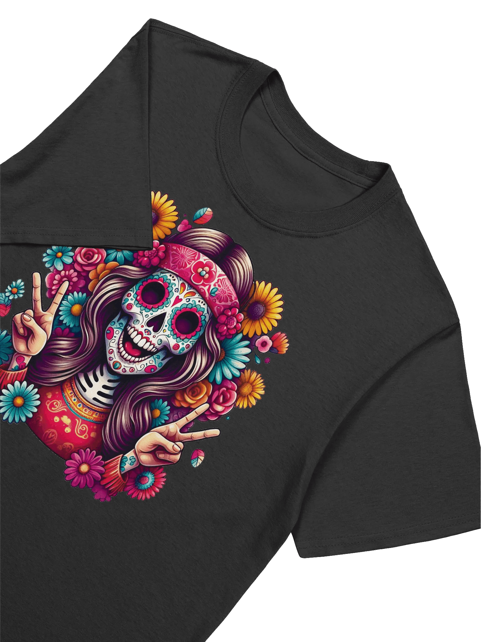 Sugar Skull Art - Female Skeleton Flashing Peace Signs - T-Shirt product image (16)