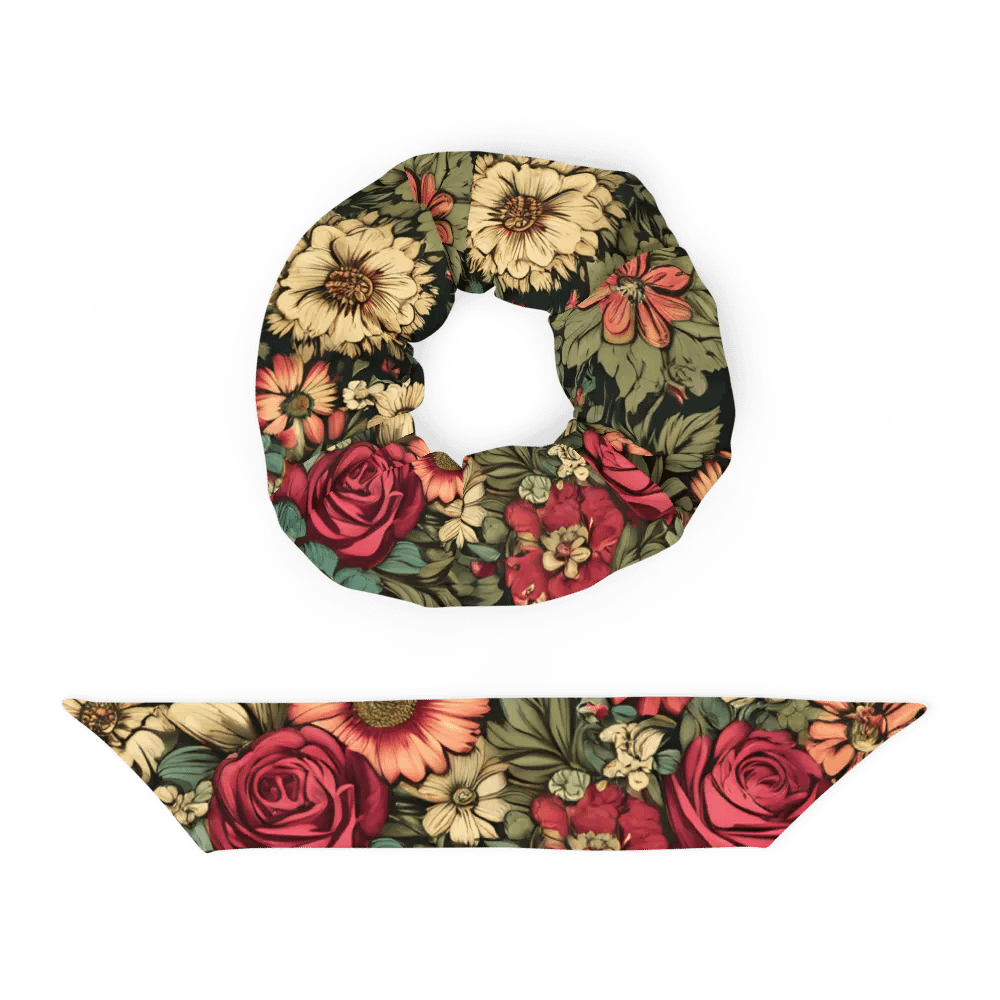 Hair Scrunchie - Wilted Boho Floral Design on a Green Background product image (4)