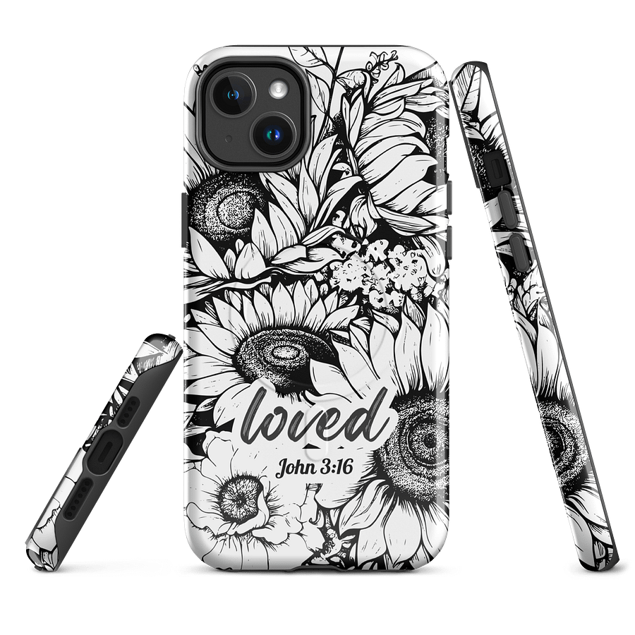 Loved John 3:16, Inspirational Gift, Tough iPhone Magnetic Case Scripture, Sunflower Bible Verse, MagSafe® iPhone® Tough Case, iPhone 14, iPhone 15, iPhone 16, Pro, Pro Max, Plus product image (1)