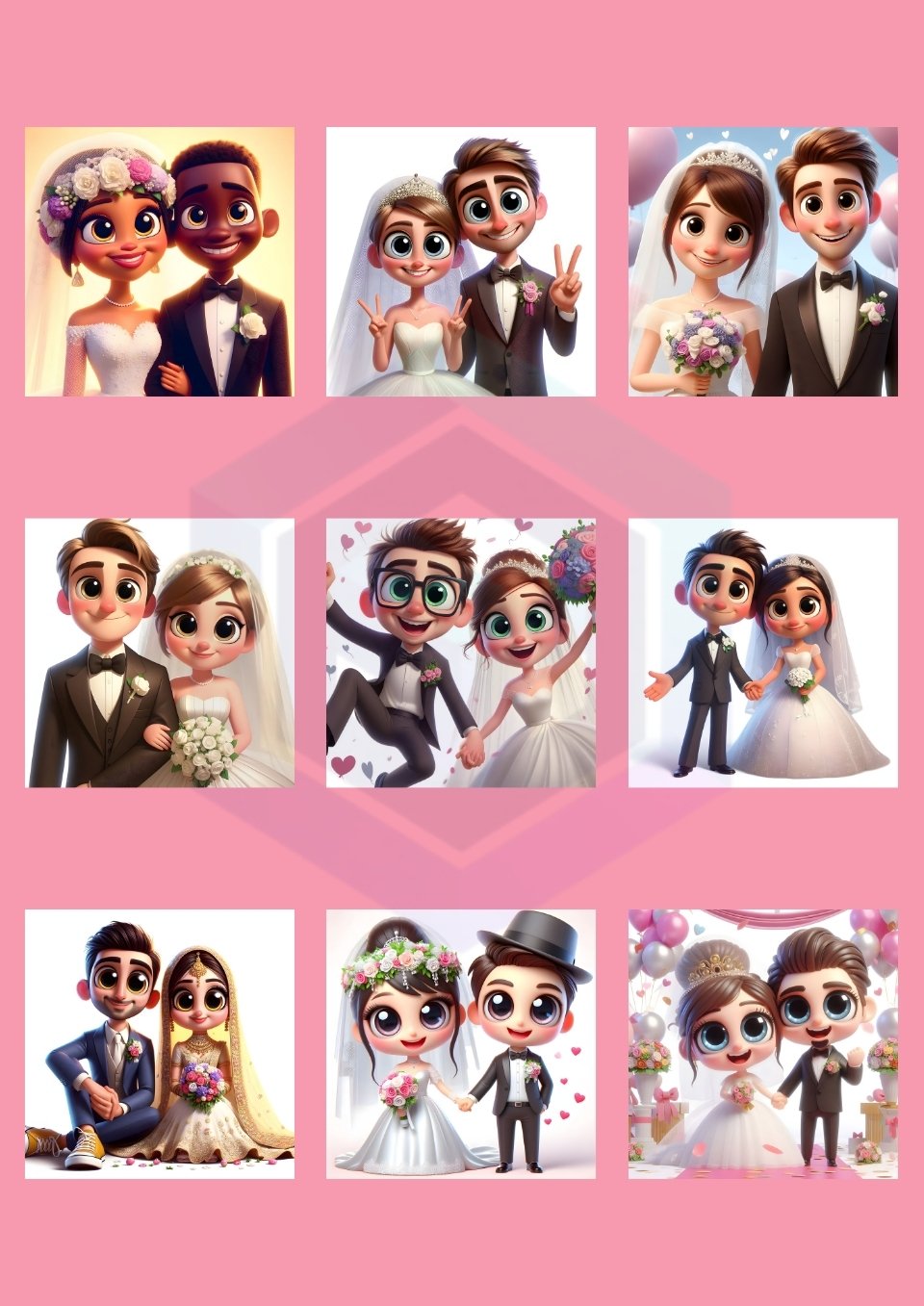 100 PIXAR STYLE HAPPY & LOVELY WEDDING IMAGES BUNDLE product image (2)