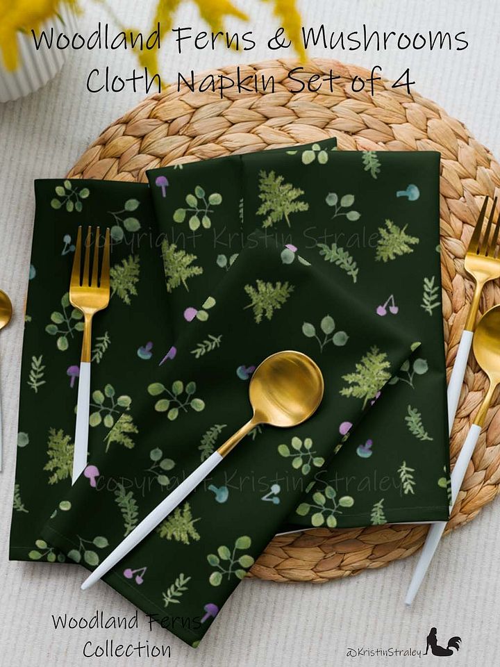 Woodland Ferns & Mushrooms on Dark Green Cloth Napkin Set of 4 product image (1)