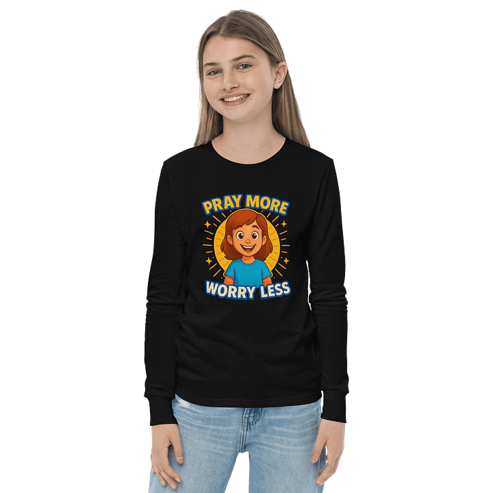 Cheerful Pray More, Worry Less Youth T-Shirt product image (2)