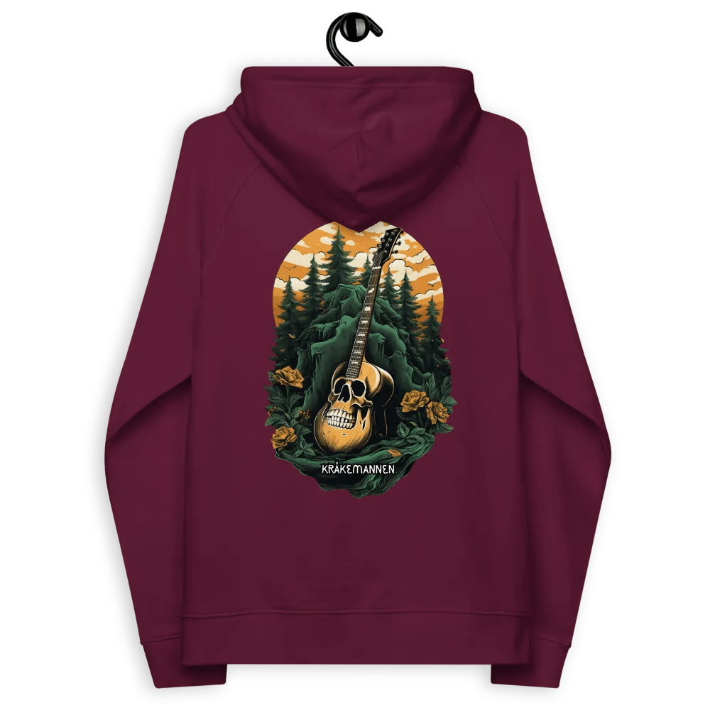 Unisex Eco Raglan Hoodie 🌲 Dark green spruce forest with a skull-shaped guitar product image (5)