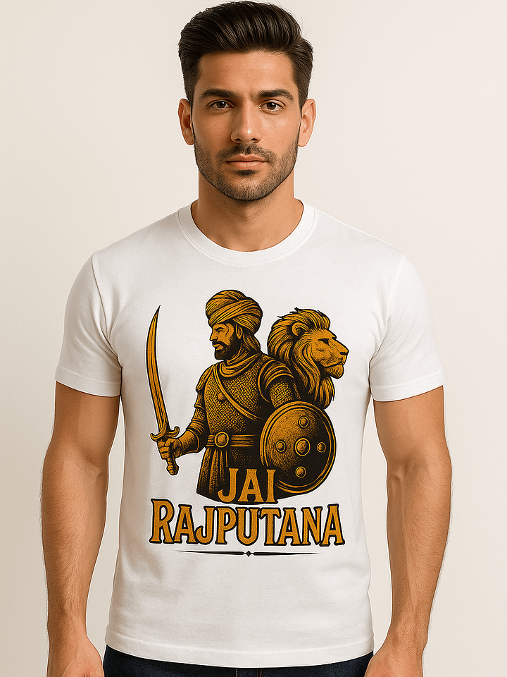 Samrat Royal Collection Rajputana Warrior Printed Men's White Cotton T-shirt | Regular Fit | Heritage Design product image (1)