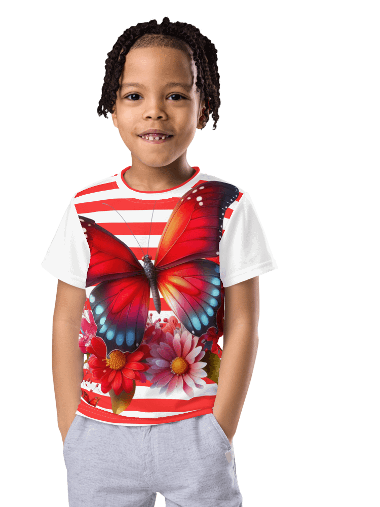 Vibrant Butterfly Paradise Red Stripped Unisex Tee product image (6)
