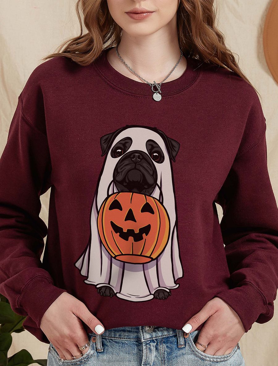 Funny Halloween Pug(Black) T-Shirt | Funny Dog Wearing a Ghost Costume and Holding a Pumpkin Basket product image (6)