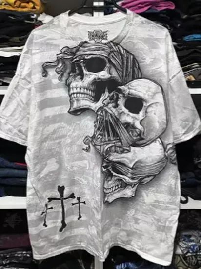 Rare MMA ELITE White Skulls Cross Short Sleeve Y2K T-shirt NWT product image (1)