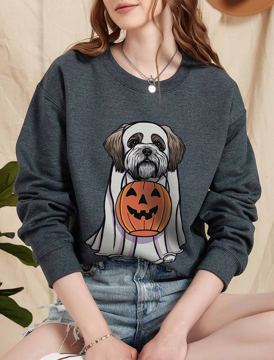 Funny Halloween Shih Tzu Sweatshirt | Funny Dog Wearing a Ghost Costume and Holding a Pumpkin Basket product image (5)
