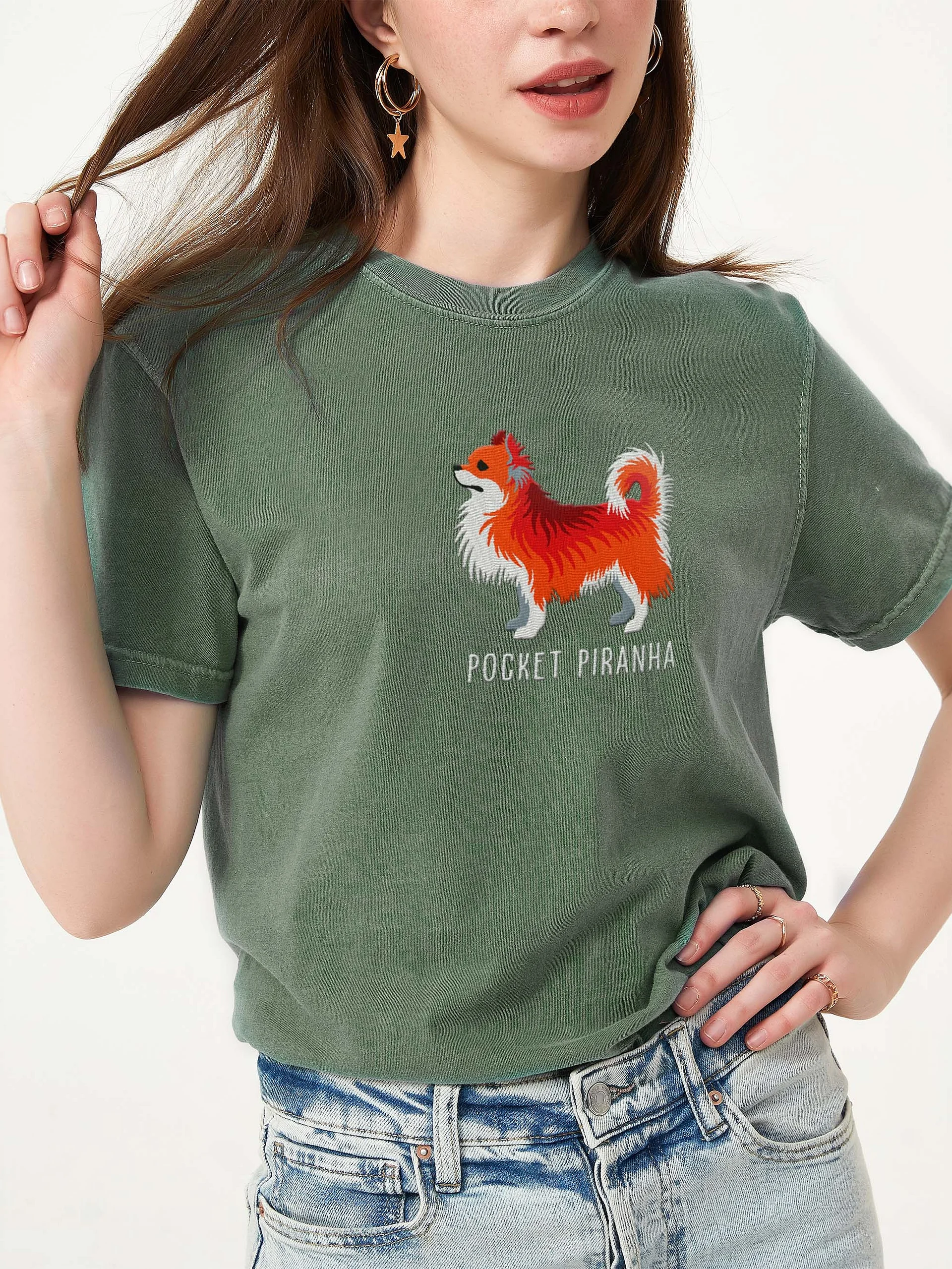 Pocket Piranha T-Shirt(Embroidered) of a Longhaired Chihuahua(Red) product image (2)