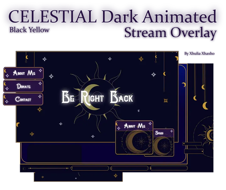SIMPLE Dark STREAM OVERLAY Celestial, Dark overlay pack, Celestial Animated Overlay, Stream overlay pack, Black and gold Overlay product image (1)
