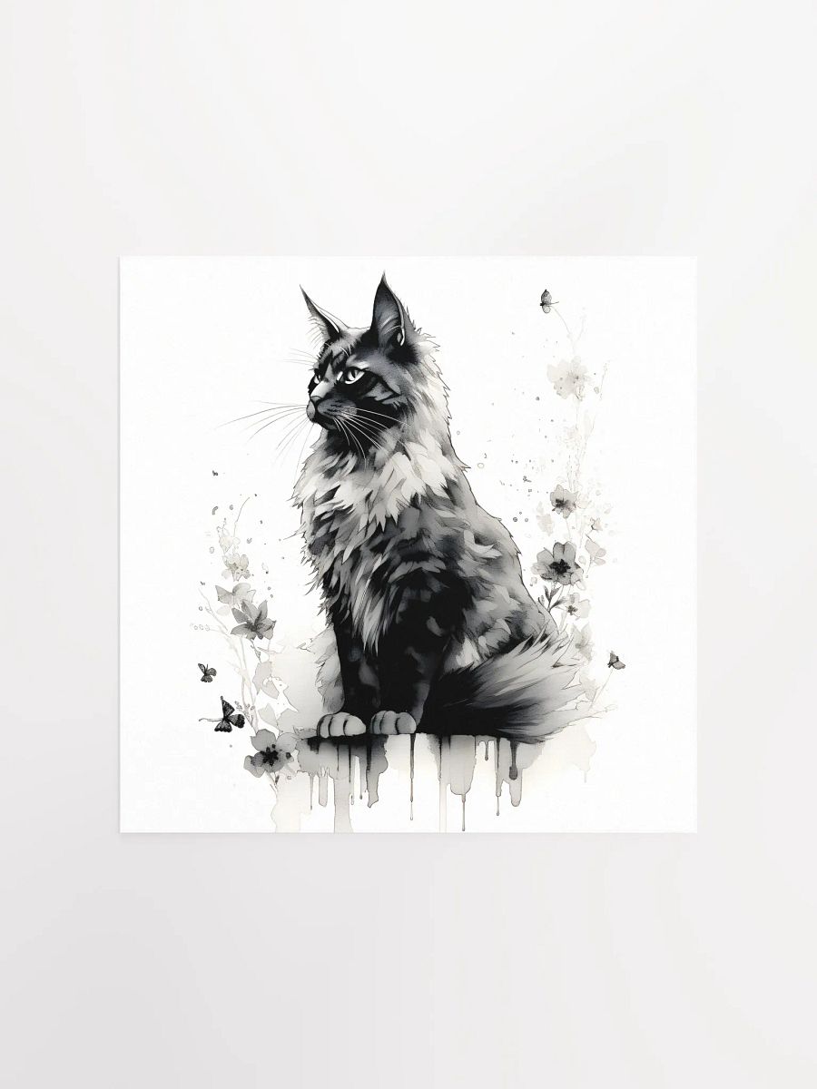 Maine Coon Floral Ink Poster – Black & White Art product image (1)