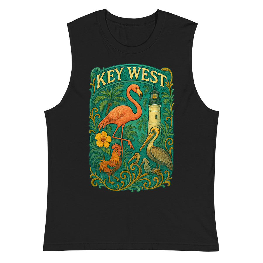 Key West Tropical Men's Tank Top with Flamingo, Pelican, Rooster, Lighthouse, and Hibiscus product image (2)