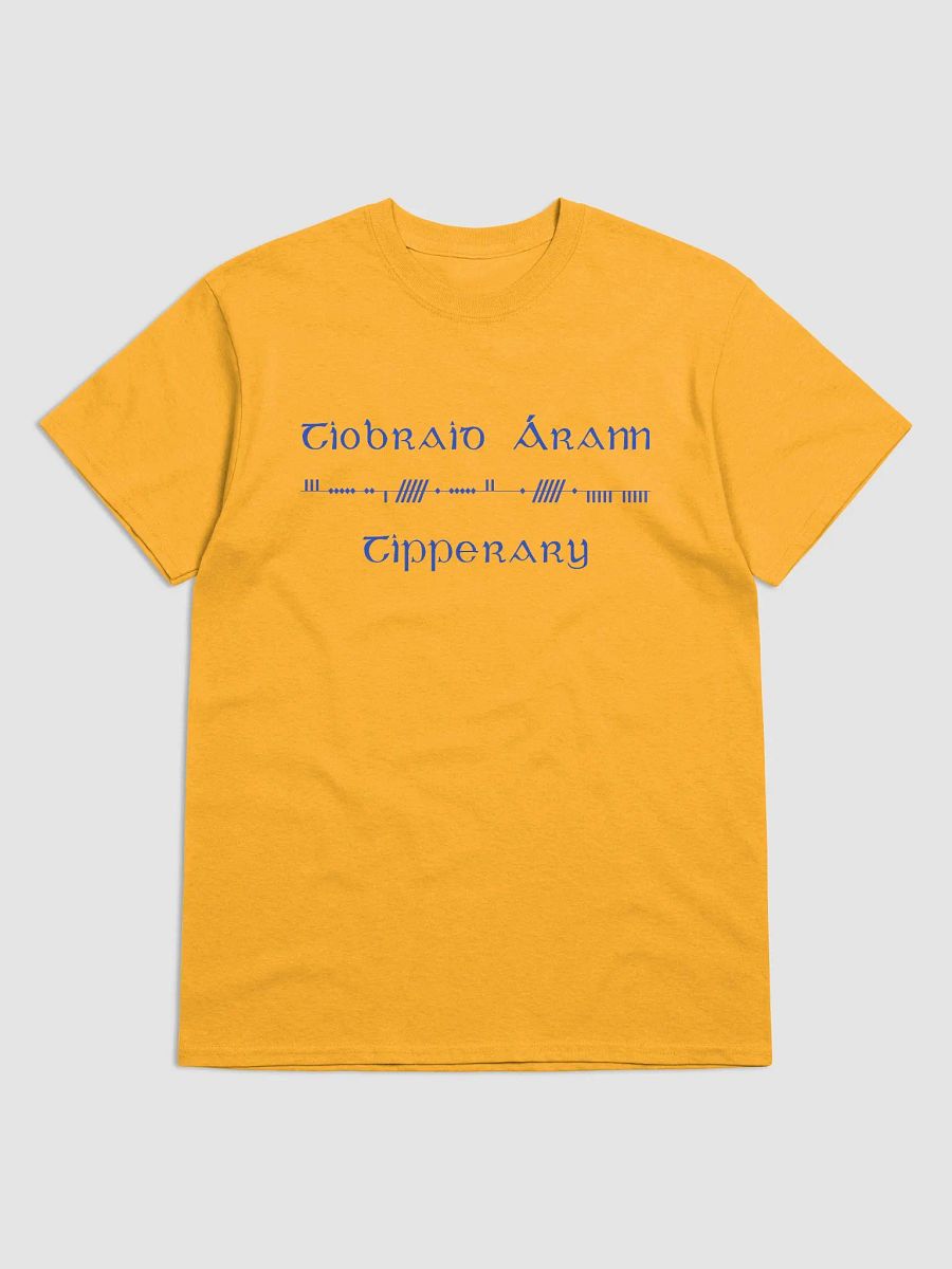 Tipperary/Tiobraid Árann Scholastic style Ogham, gold with blue, printed T-shirt product image (1)