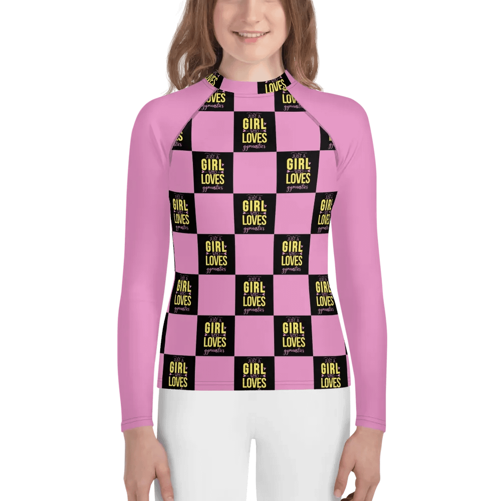 Just a Girl Who Loves Gymnastics pink and black rash vest product image (1)