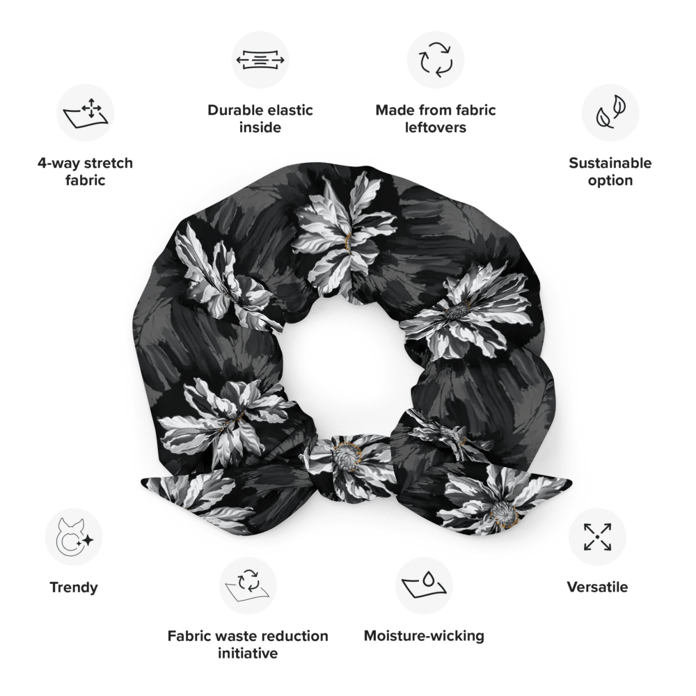 Hair Scrunchie - Painted Gray Flowers on a Black Background product image (12)
