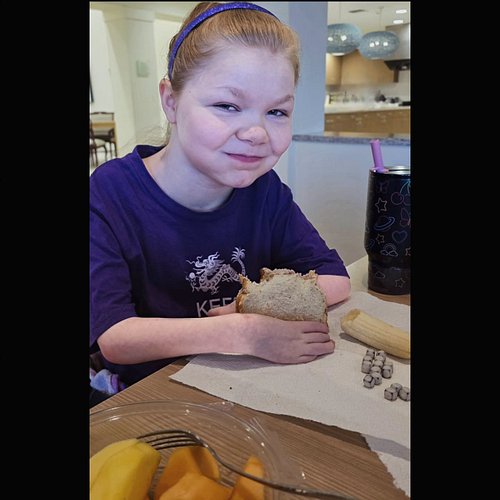 Brunch time! It's a fend for yourself/leftovers meal so we're having tuna sandwiches, eating up some of our fruit, Ana had so...