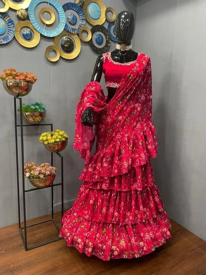 Pink Lehenga Saree Frill Ruffle Indian Sari Lehenga Lengha Choli Pakistani Skirt product image (2)