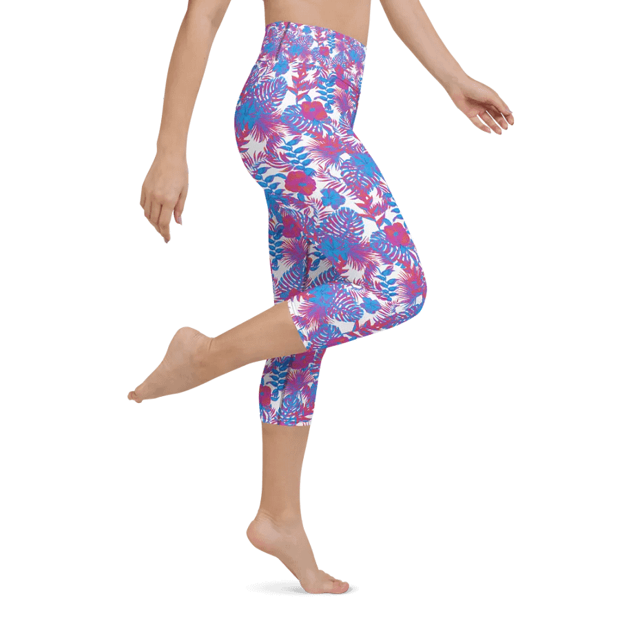 Yoga capri  leggings blue and pink colors tropical leaves design. Perfect for holiday vibes product image (2)