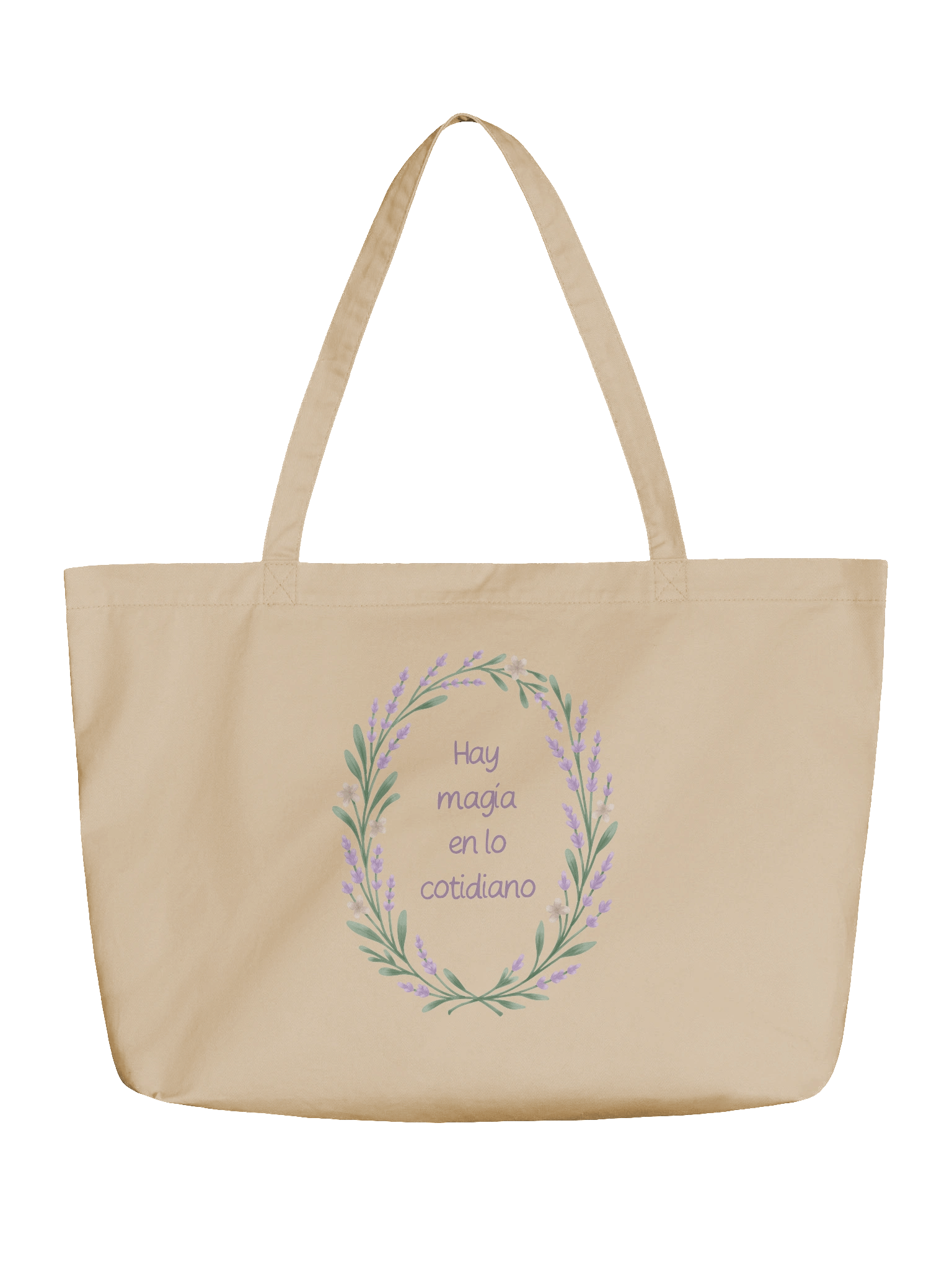 Organic tote bag magic in the everyday. Inspirational quote with illustrated lavender product image (3)