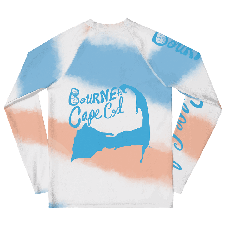 YOUTH | Rash Guard | BRN.2C.C.™ Front Graphic | BOURNE to Cape Cod™ Sleeve & Back Logo | Coastal Swim Shirt for Kids | UV Protection Activewear | Blue Logo | Diagonal Patriotic Stripes product image (2)