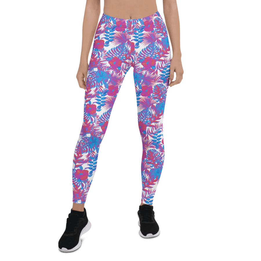 leggings  in  blue and pink colors tropical leaves design. Perfect for holiday vibes product image (3)