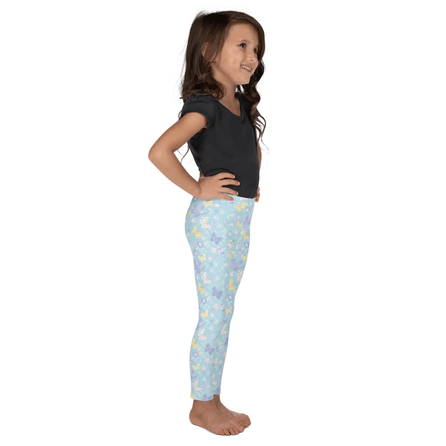 Tiny Spring Print Butterfly Pattern Turquoise Blue Kids Leggings product image (5)