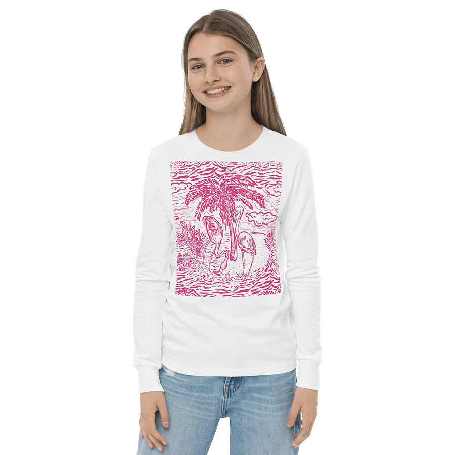 Girls’ | Youth Long Sleeve Tee | DTG Vintage Print | Flamingo Fancy Toile Design | Bright Pink on White |Monique Faella Designs™ | Tropical Whimsy with Coastal Charm product image (2)