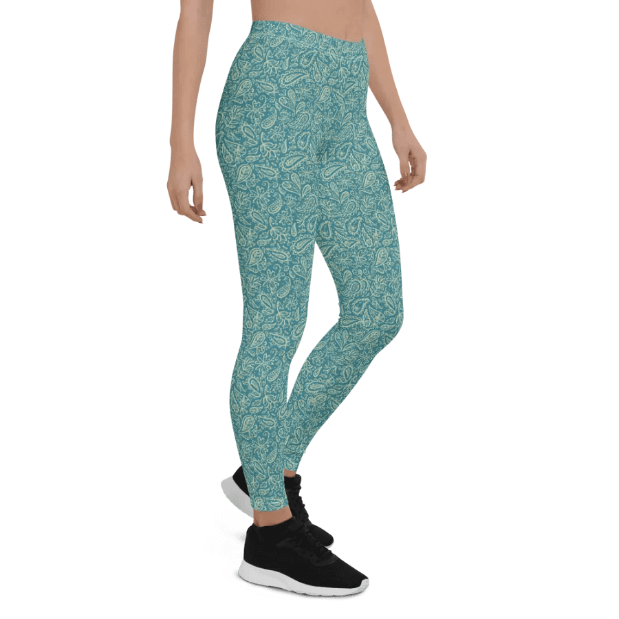 comfortable leggings in soft light teal   with white paisley  design for those that  like paisley pattern elements. product image (7)
