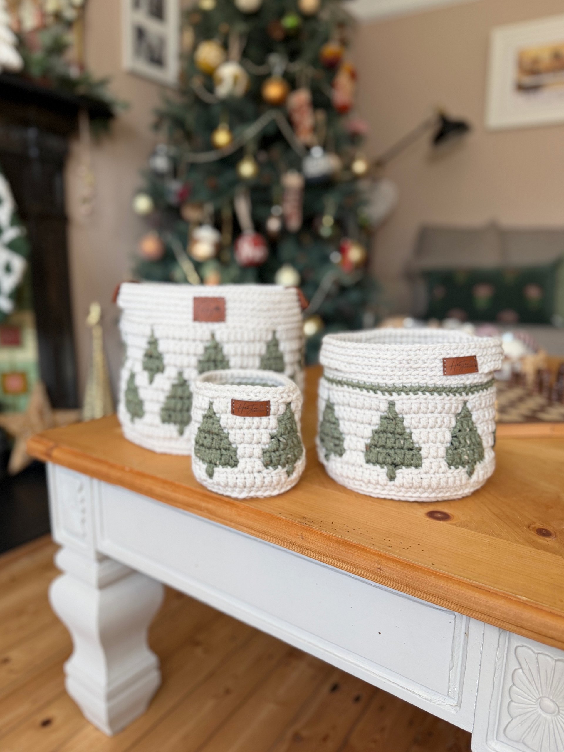 CROCHET PATTERN + VIDEO — Twinkling Trees Mosaic Crochet Baskets — 3 Nesting Sizes storage, gift, plantholder, Charts Included in PDF product image (1)