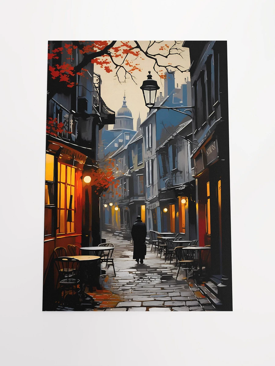Mans Walks Down Old Cobblestone Street at Dusk in Autumn Fall Leaves Matte Poster product image (3)