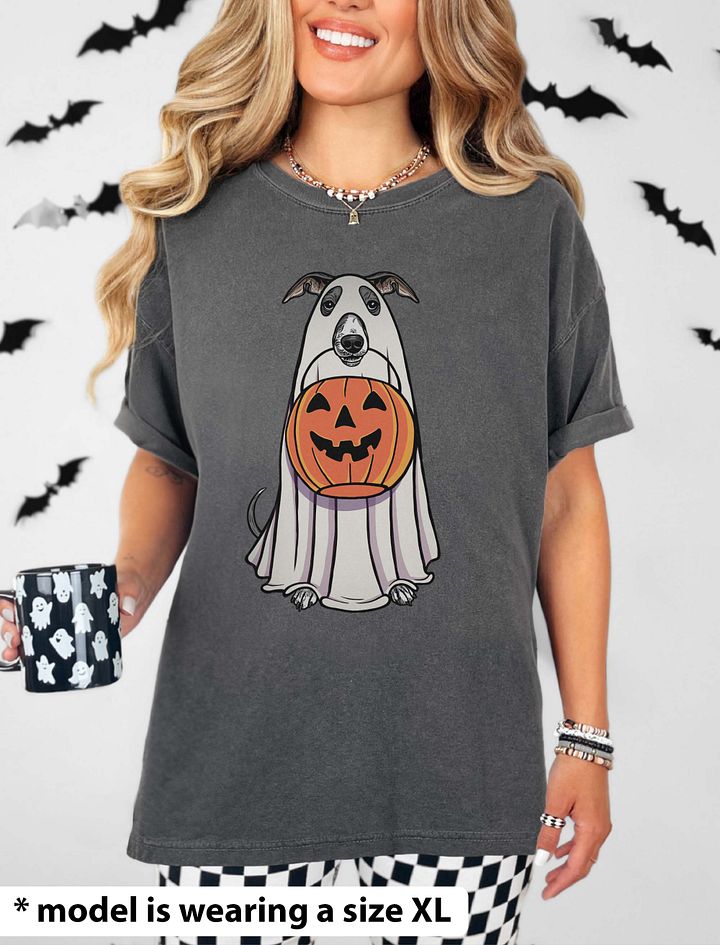 Funny Halloween Italian Greyhound(Blue & White) T-Shirt | Funny Iggy Wearing a Ghost Costume and Holding a Pumpkin Basket product image (14)