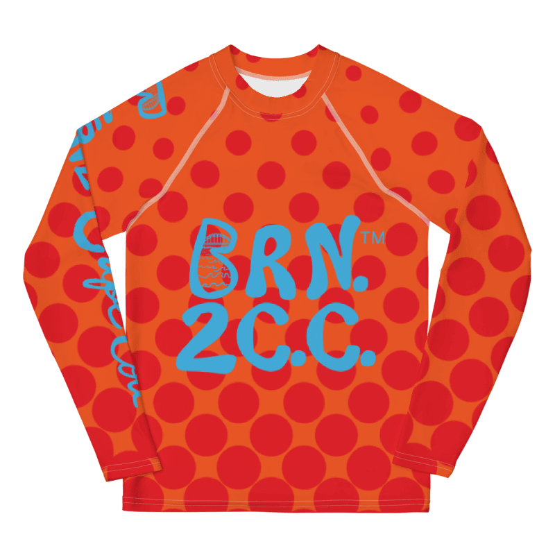 YOUTH | Rash Guard | BRN.2C.C.™ Front Graphic | BOURNE to Cape Cod™ Sleeve & Back Logo | Coastal Swim Shirt for Kids | UV Protection Activewear | Blue Logo on Orange Dots product image (1)