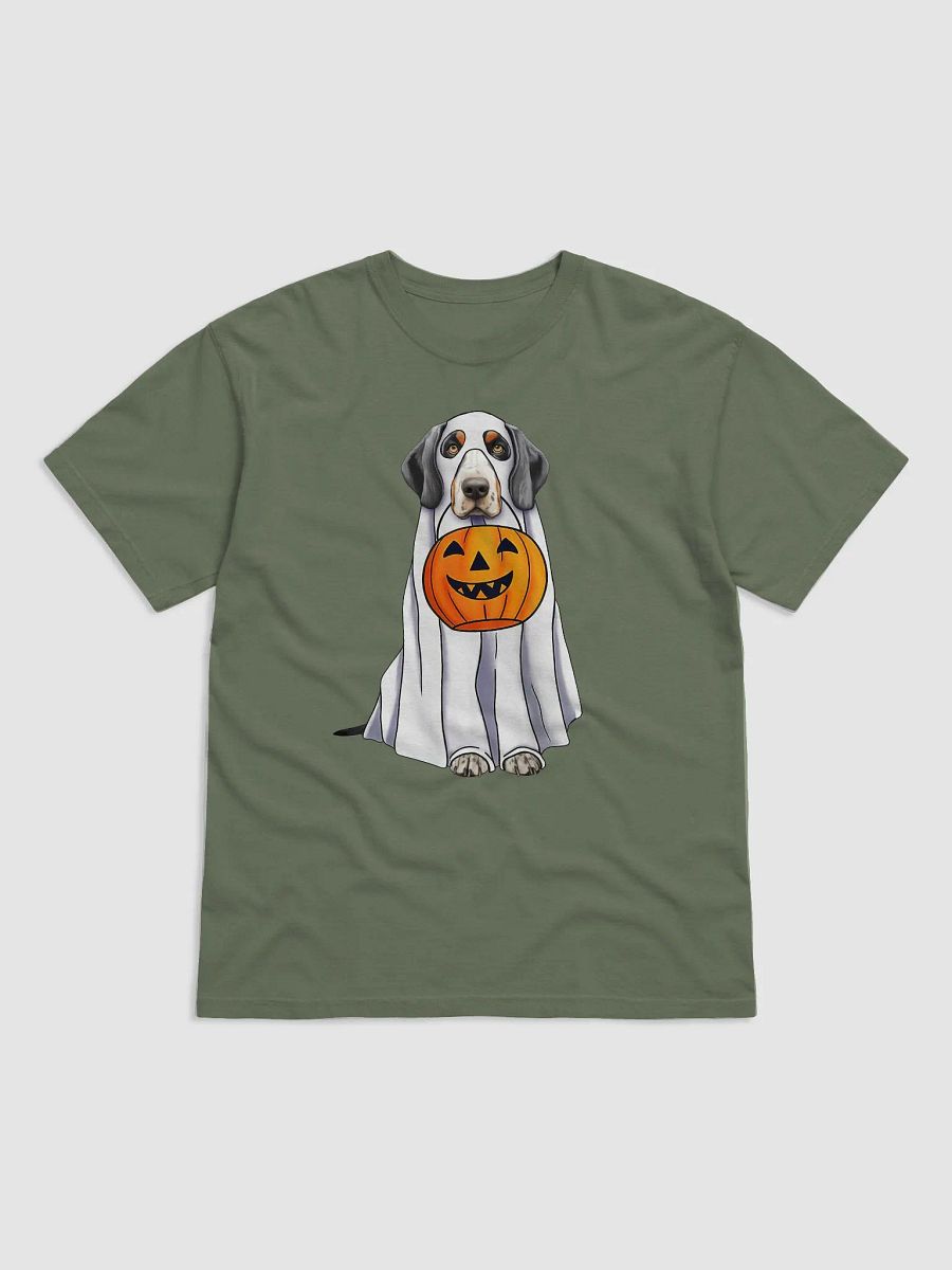Bluetick Coonhound Halloween Tee | Funny Halloween Bluetick Wearing a Ghost Costume with Pumpkin Basket product image (2)