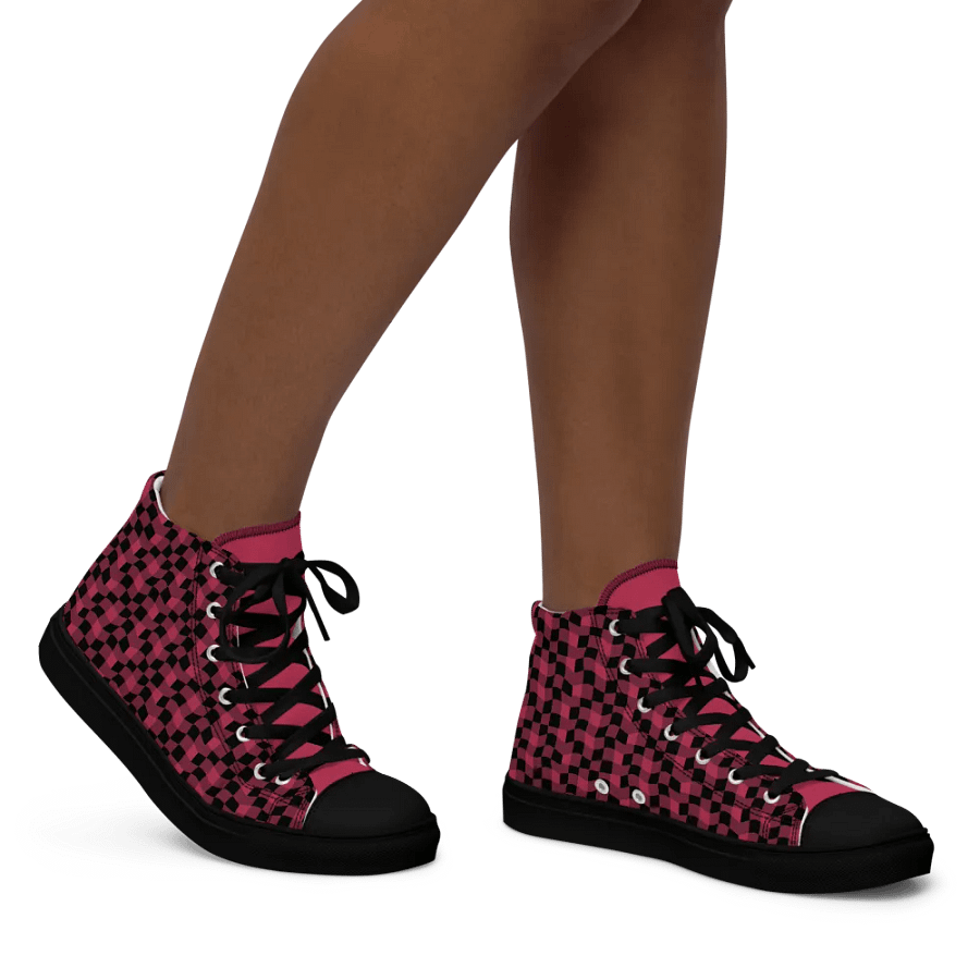 Magenta and Black Warped Checker Women's High-Top Canvas Shoes product image (3)