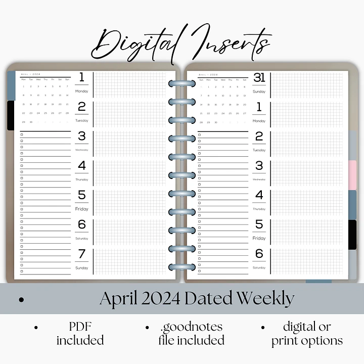 April 2024 Dated Weekly Calendar Digital Planner Insert- Sunday & Monday Start- Portrait Orientation product image (1)