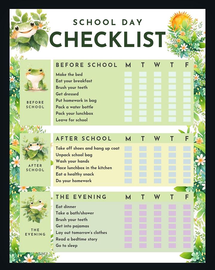 Child's Cute Frog School Day Checklist Back To School Digital Printable product image (2)