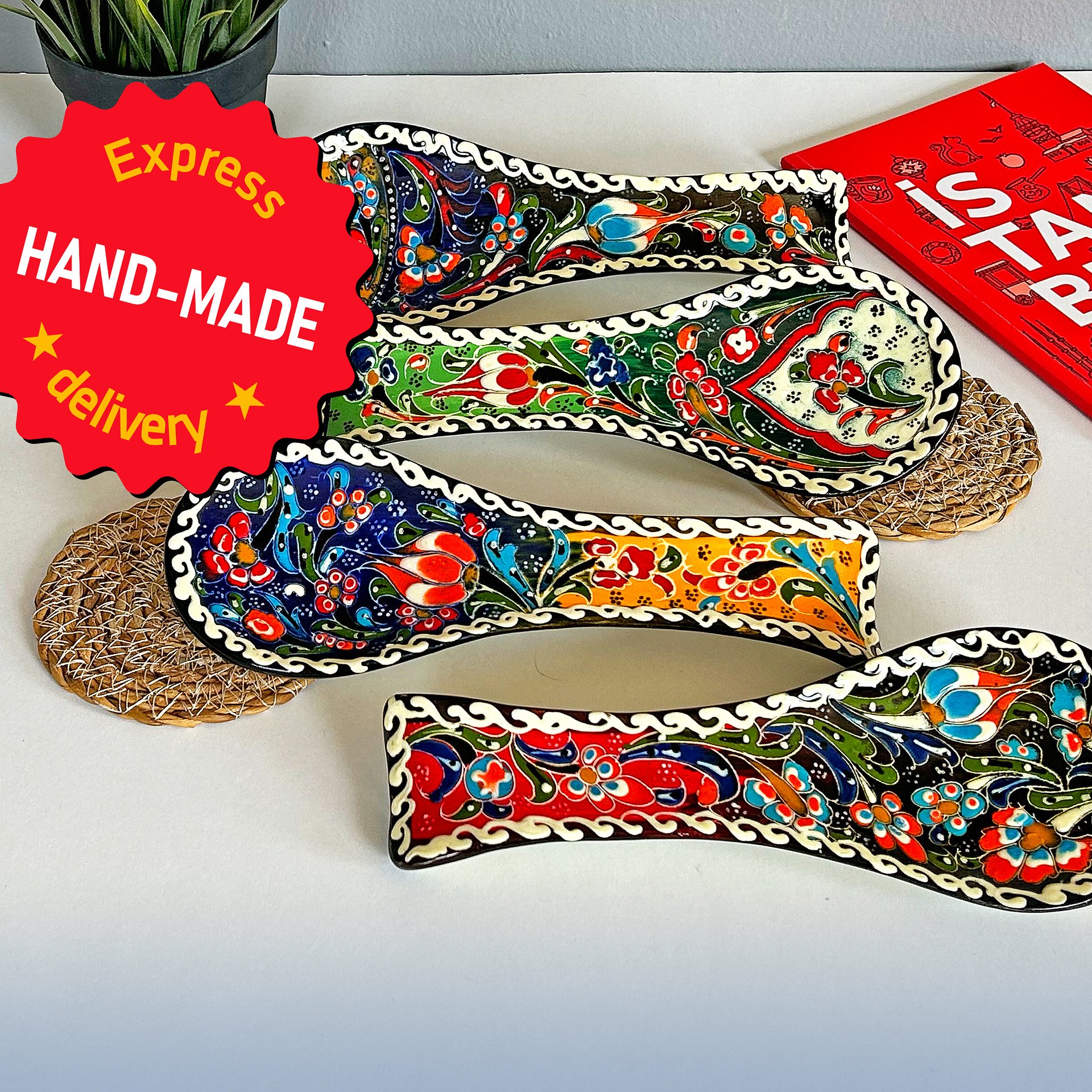 Ceramic spoon rest (Iznik style, blue-yellow) — handmade pottery product image (1)