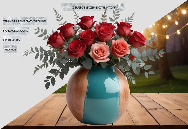 Ocean Serenity – Teal and Wood Rose Vase PNG product image (2)