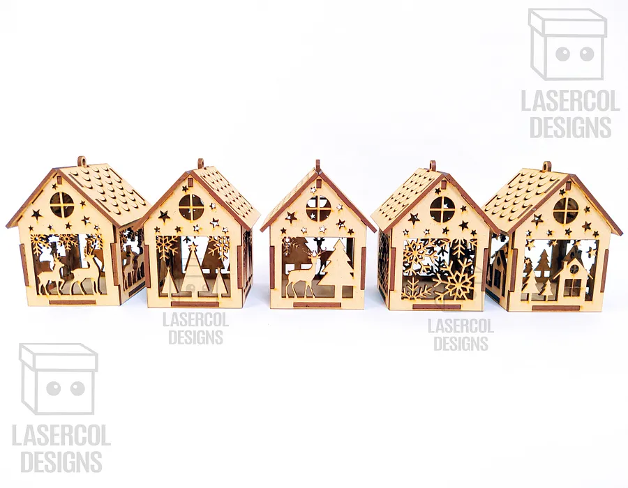 Christmas House Ornaments Set 1 (2 Sizes, 5 Styles) - Laser Cut Files product image (2)