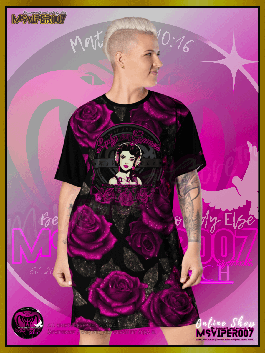 T-Shirt Dress - MsViper007's "Lady Gamers Are Awesome™ [black/velvet violet rose | V3]" T-Shirt Dress product image (7)