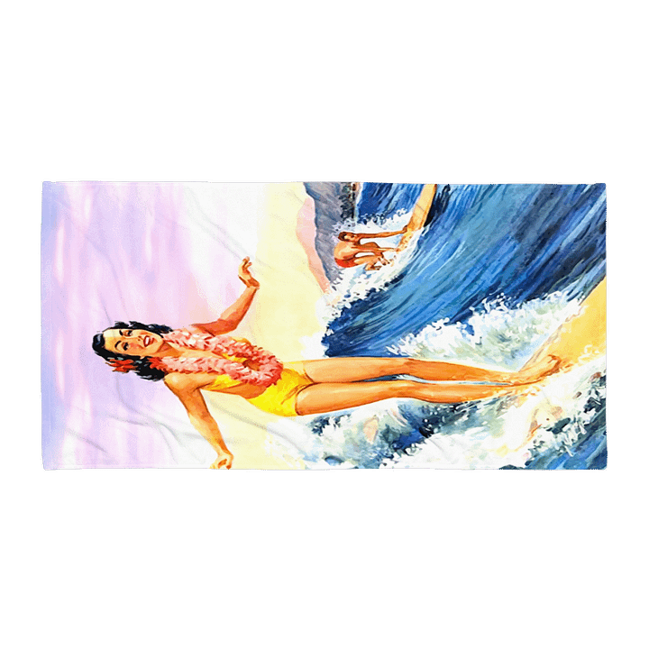 SURFING WAHINE TOWEL – 30"x60", COTTON TERRY BACK, RETRO HAWAIIAN SURFER GIRL DESIGN product image (1)