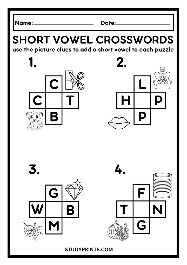 Short Vowel Crossword Puzzles Worksheets PDF product image (1)