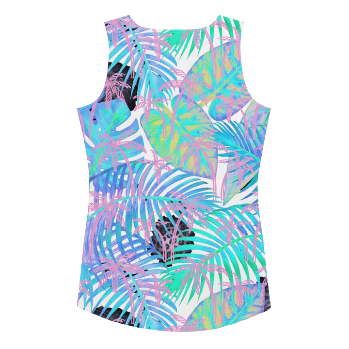 Ladies tank top  all over print blue and pink palm leaf tropical design giving a fresh holiday  feel. product image (2)
